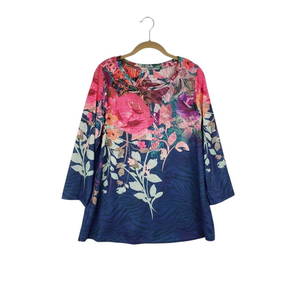 Soft Surroundings Pink Blue Floral Knit 3/4 Sleeve Tunic Top Womens Size Medium